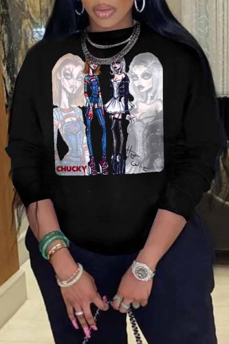 Black Casual Figure Print Letter O Neck Tops