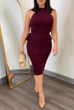 Burgundy Sexy Casual Sweet Daily Party Elegant Backless Solid Color Halter Dresses