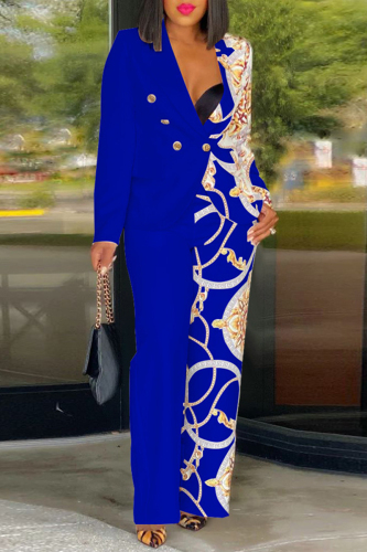 Colorful Blue Sexy Street Print Patchwork Pocket Buttons Turn-back Collar Long Sleeve Two Pieces
