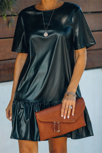 Black Casual Street Solid Flounce O Neck Short Sleeve Dress