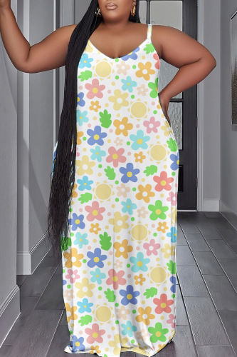 White Yellow Sexy Casual Print Backless Spaghetti Strap Long Dress Plus Size Dresses