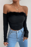 Black Sexy Elegant Solid Feathers Off the Shoulder Tops
