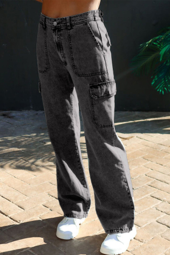 Street Solid Pocket Loose Denim Jeans