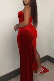 Red Sexy Solid Sequins Patchwork Backless Slit Strapless Long Dress Dresses