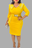 Yellow Casual Solid Patchwork Beading V Neck Wrapped Skirt Plus Size Dresses