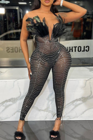 Black Sexy Party Elegant Patchwork See-through Feathers Hot Drill Skinny Jumpsuits