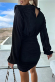 Black Elegant Solid Fold Contrast O Neck Wrapped Skirt Dresses