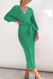 Green Sexy Elegant Solid Frenulum V Neck Wrapped Skirt Dresses