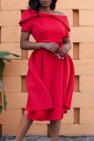 Red Casual Solid Patchwork With Belt Off the Shoulder Short Sleeve Dress Dresses