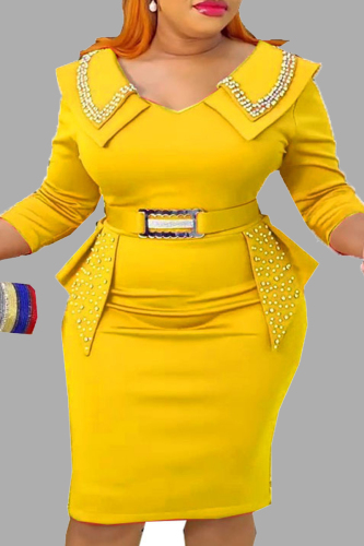 Yellow Casual Solid Patchwork Beading V Neck Wrapped Skirt Plus Size Dresses