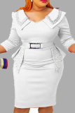 White Casual Solid Patchwork Beading V Neck Wrapped Skirt Plus Size Dresses
