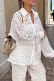 White Sexy Solid Lace Hollowed Out Turndown Collar Tops