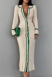 Green Sexy Casual Striped Contrast Turndown Collar Long Sleeve Dresses