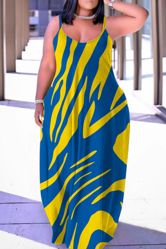 Blue Yellow Sexy Casual Print Backless Spaghetti Strap Long Dress