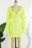 Yellow Casual Solid Frenulum Square Collar Long Sleeve Dresses