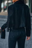 Black Casual Solid Tassel Turndown Collar Outerwear