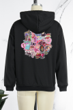 Black Casual Daily Print Draw String Hooded Collar Tops