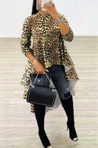 Leopard Print Elegant Letter Leopard Camouflage Print Patchwork Printing O Neck Irregular Dress Dresses