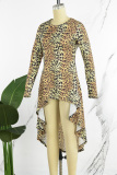 Tangerine Red Elegant Letter Leopard Camouflage Print Patchwork Printing O Neck Irregular Dress Dresses