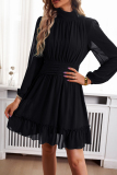 Black Elegant Solid Stringy Selvedge Half A Turtleneck Waist Skirt Dresses