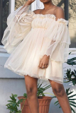 Apricot Casual Solid Mesh Off the Shoulder Princess Dresses
