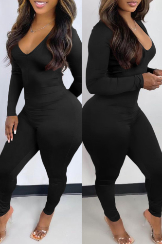 Black Casual Solid Backless V Neck Skinny Jumpsuits
