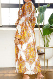 Yellow Casual Elegant Print Patchwork Fold With Belt Half A Turtleneck Straight Dresses