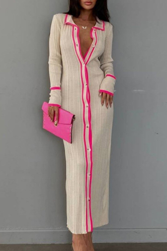 Rose Red Sexy Casual Striped Contrast Turndown Collar Long Sleeve Dresses