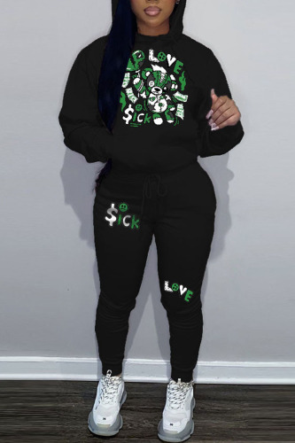 Black Casual Print Patchwork Hooded Collar Long Sleeve Two Pieces