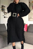 Black Casual Solid Tassel Patchwork O Neck Straight Dresses