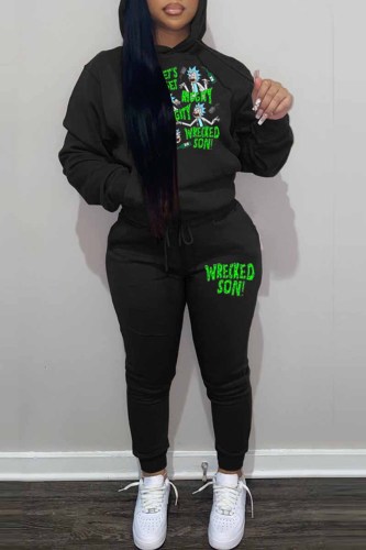 Black Casual Print Letter Hooded Collar Long Sleeve Two Pieces