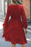 Red Elegant Polka Dot Patchwork V Neck Waist Skirt Dresses