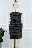 Black Street Vintage Solid Patchwork Buckle Turndown Collar Long Sleeve Dresses(Fake two)