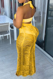 Yellow Sexy Solid Hollowed Out Patchwork See-through Backless Swimwears Cover Up