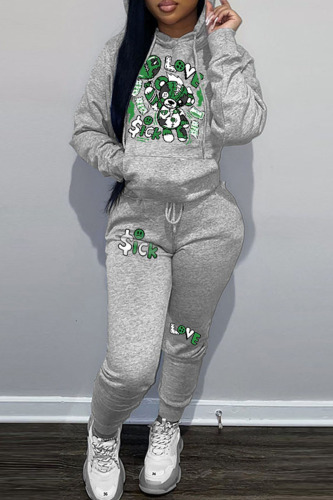 Grey Casual Print Patchwork Hooded Collar Long Sleeve Two Pieces