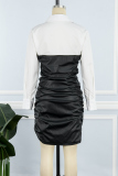 Black Street Vintage Solid Patchwork Buckle Turndown Collar Long Sleeve Dresses(Fake two)