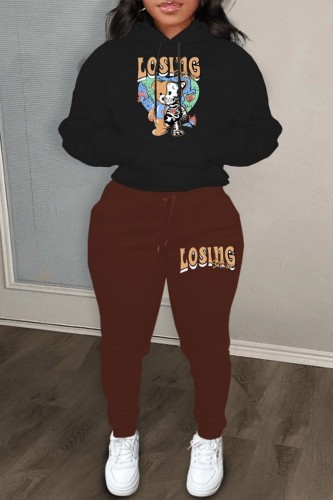 Coffee Casual Print Patchwork Hooded Collar Long Sleeve Two Pieces