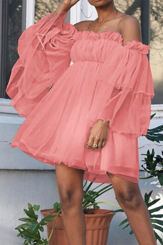 Pink Casual Solid Mesh Off the Shoulder Princess Dresses
