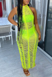 Fluorescent Green Sexy Solid Hollowed Out Patchwork See-through Backless Swimwears Cover Up