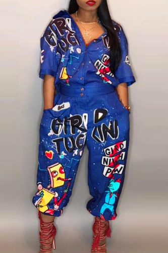 Blue Casual Street Print Patchwork Pocket Buckle Turndown Collar Plus Size Jumpsuits