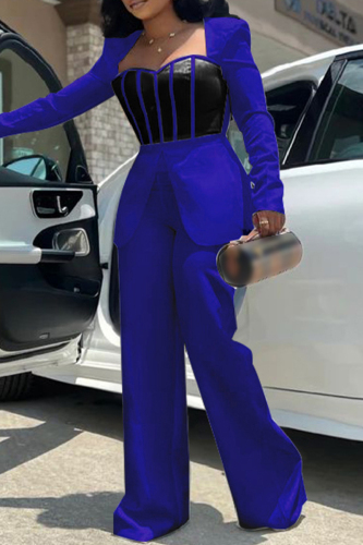 Colorful Blue Casual Patchwork Contrast Square Collar Regular Jumpsuits