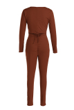 Brown Casual Solid Backless V Neck Skinny Jumpsuits