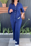 Deep Blue Casual Simplicity Solid Patch Slit Turndown Collar Long Sleeve Two Pieces