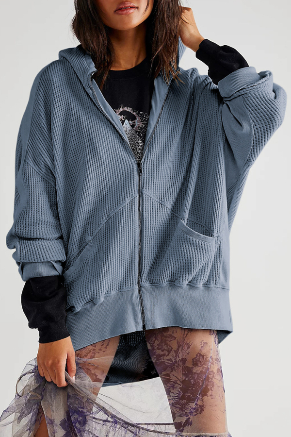 Blue Casual Plaid Pocket Hooded Collar Outerwear