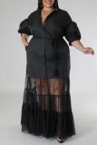 Black Casual Solid Patchwork Shirt Collar Long Dress Plus Size Dresses