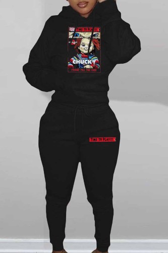 Black Casual Print Letter Hooded Collar Long Sleeve Two Pieces