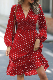 Red Elegant Polka Dot Patchwork V Neck Waist Skirt Dresses