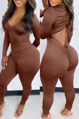 Brown Casual Solid Backless V Neck Skinny Jumpsuits