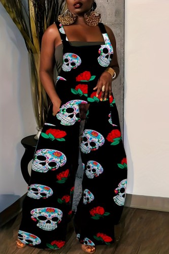 Black Casual Skull Head Print Backless Square Collar Regular Jumpsuits (Without Vest)