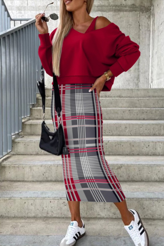 Red Casual Print Patchwork O Neck Long Sleeve Two Pieces
